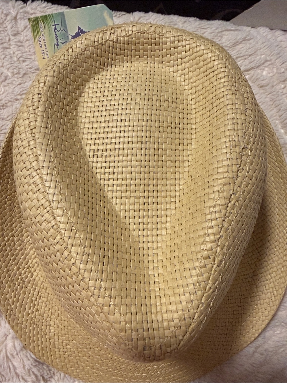 Panama Jack Beige Straw Fedora w/ Navy & White - Picture 4 of 7